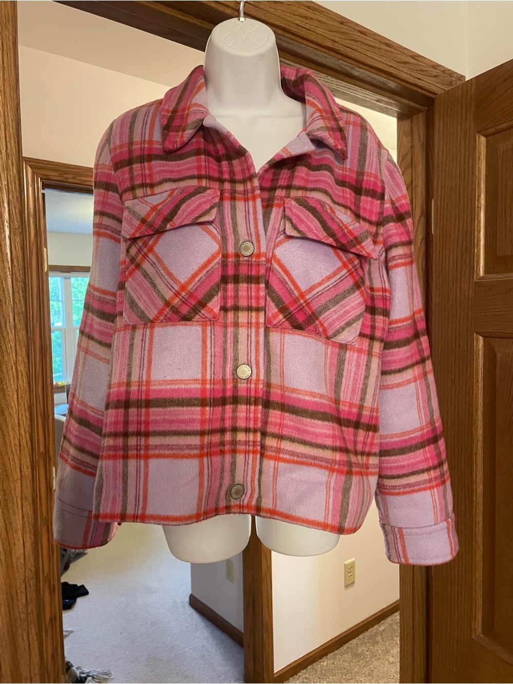 Pink Plaid Button-Front Utility Jacket for Women